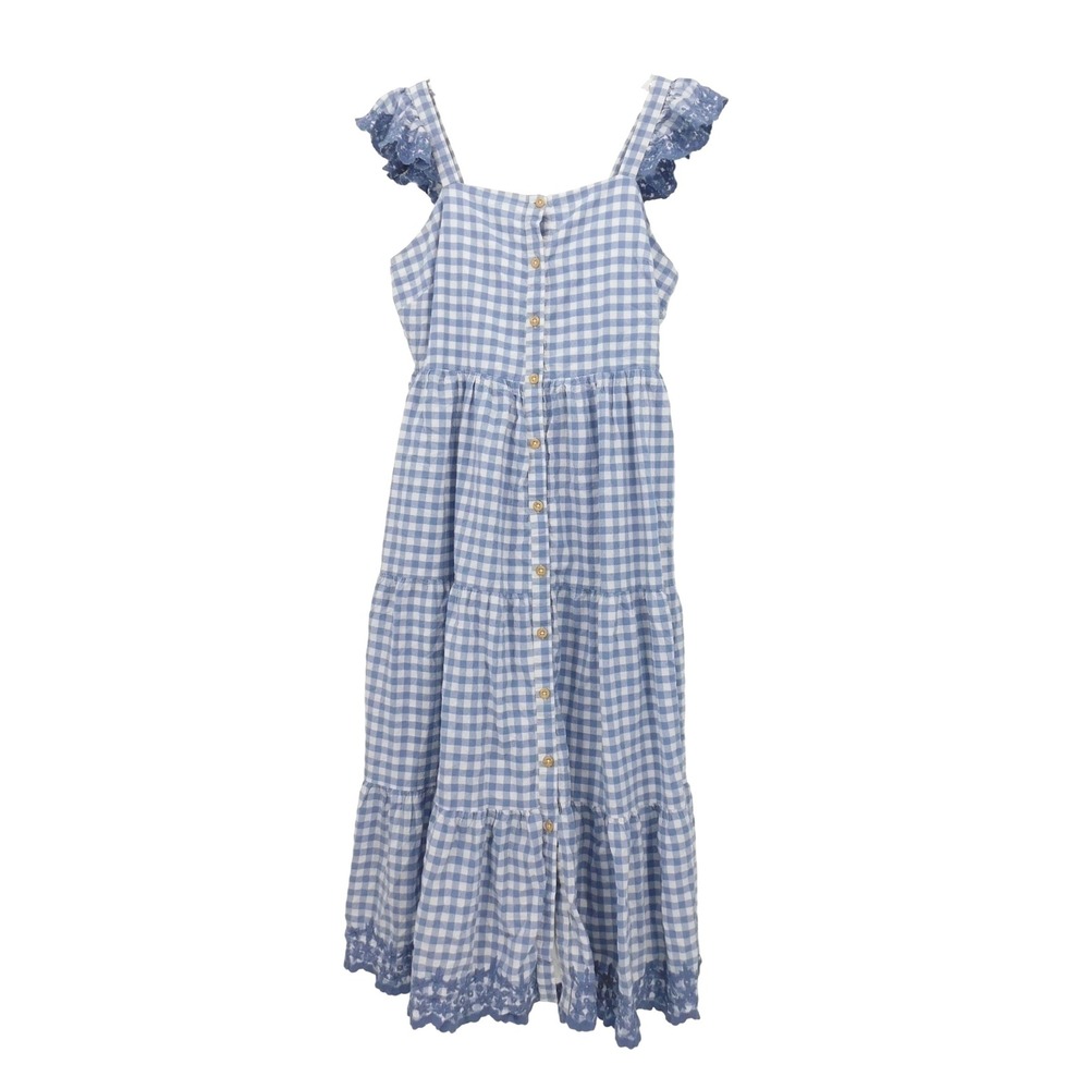 Shabby Chic Blue‎ Gingham Tiered Midi Dress Ruffle Sleeve Button Front Size12